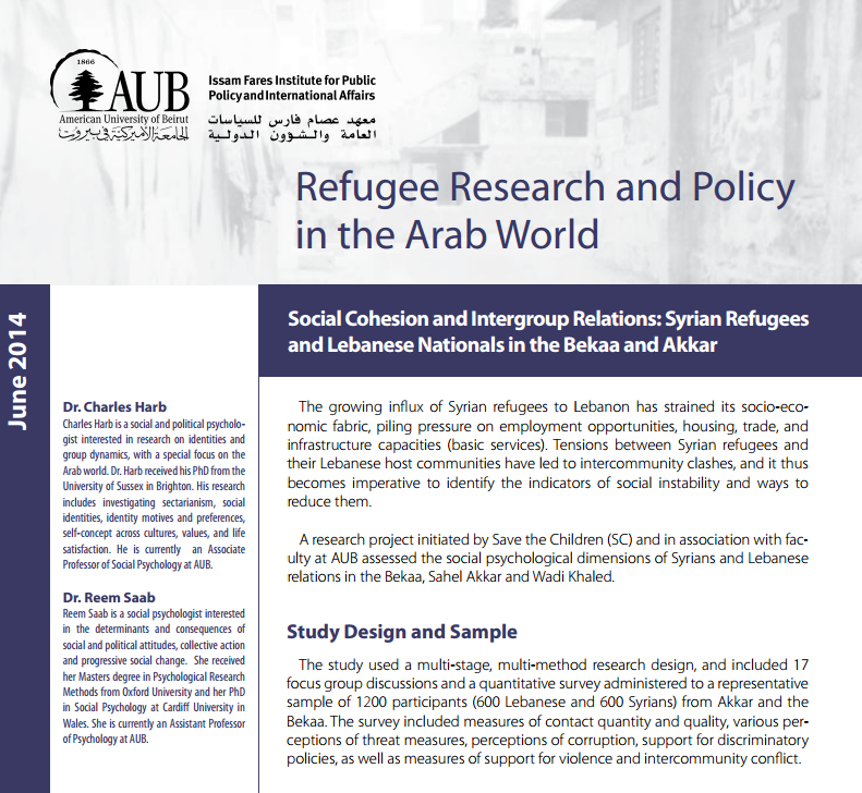 Social Cohesion And Intergroup Relations: Syrian Refugees And Lebanese Nationals In The Bekaa And Akkar