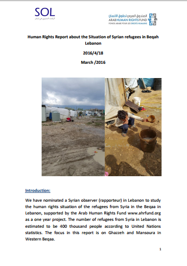 Human Rights Report On The Situation Of The Refugees From Syria In The Beqaa –Lebanon